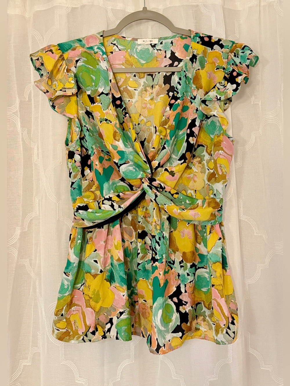 Pleione Medium Multicolor Floral Twist Front Flutter Sleeve Blouse
